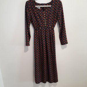 Vintage Navy Floral Mid Dress Size 10 w/mid Sleeves